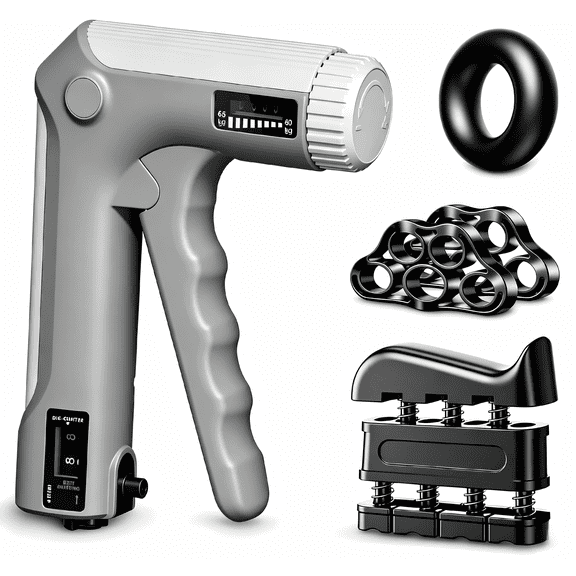 Adjustable Resistance Hand Grip Strength Training Kit, Gray, Hand Gripper Set with Finger Exerciser, 2 Finger Stretchers and Forearm Workout Ring