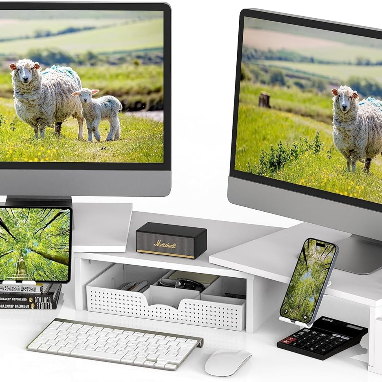 Desk Dual Monitor Stand Riser with Drawer, White