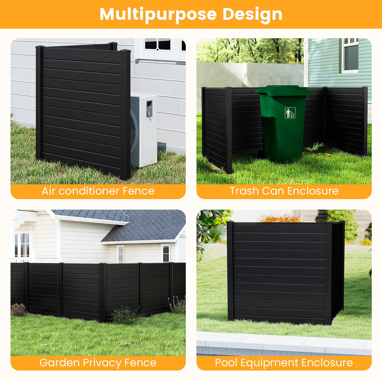 Topbuy 2PCS Outdoor Privacy Fence Panel 2 Picket PVC Decorative Fence w/3 Cuspidal Stakes Trash Enclosure & Freestanding Fence for Garden Black