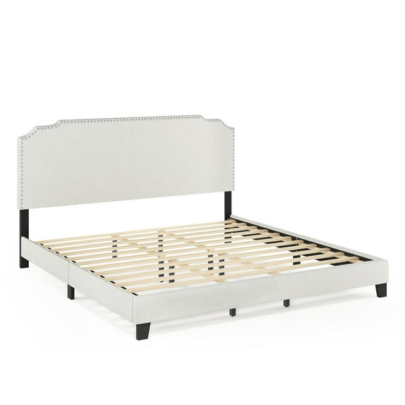 Furinno Nadia Nailhead, King, Linen,Trim Bed Frame "with" Storage and Mattress, Gray