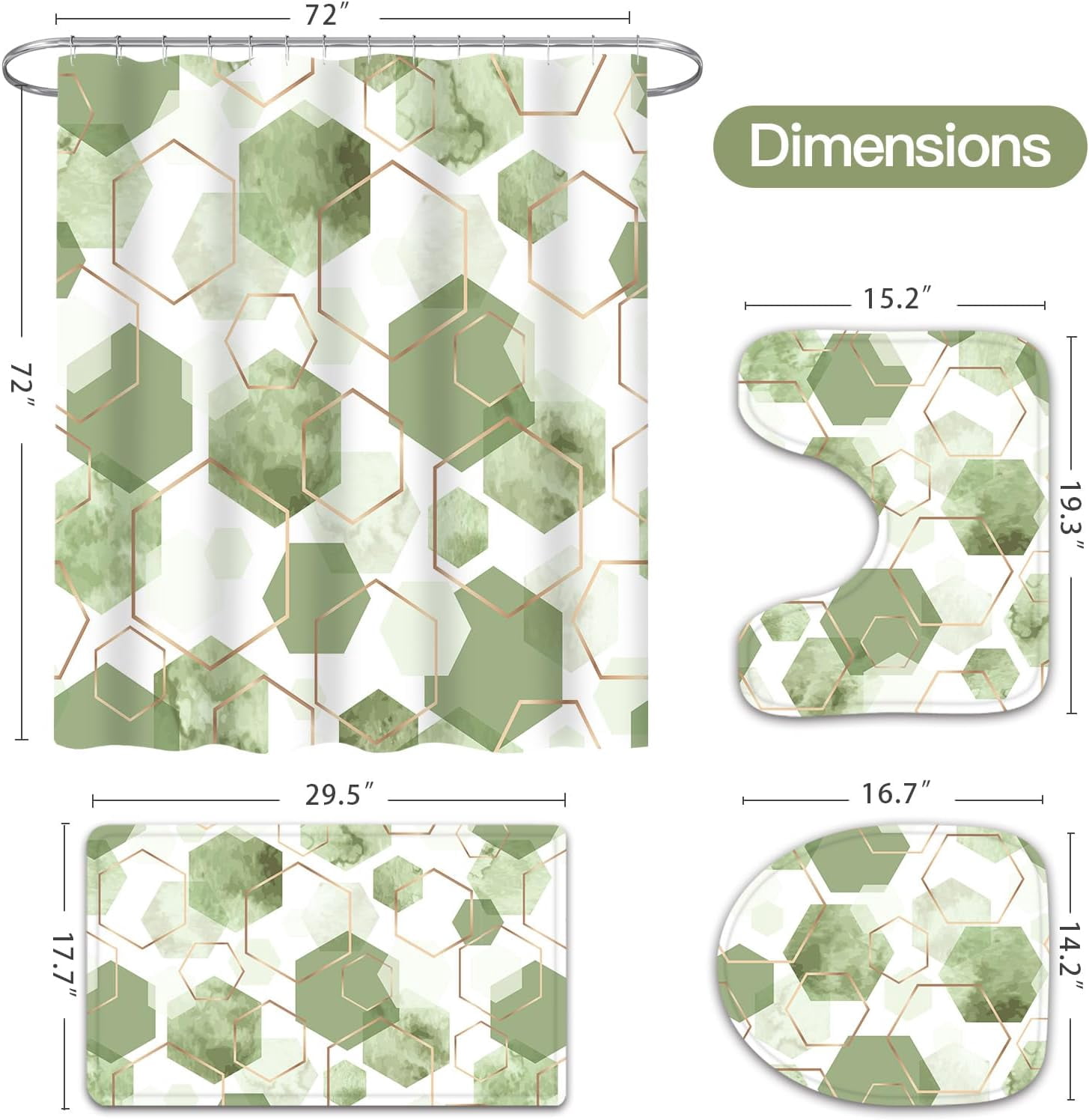4Pcs Green Geometric Shower Curtain Set with Rug, 12 Hooks, Bath Mat and Rugs