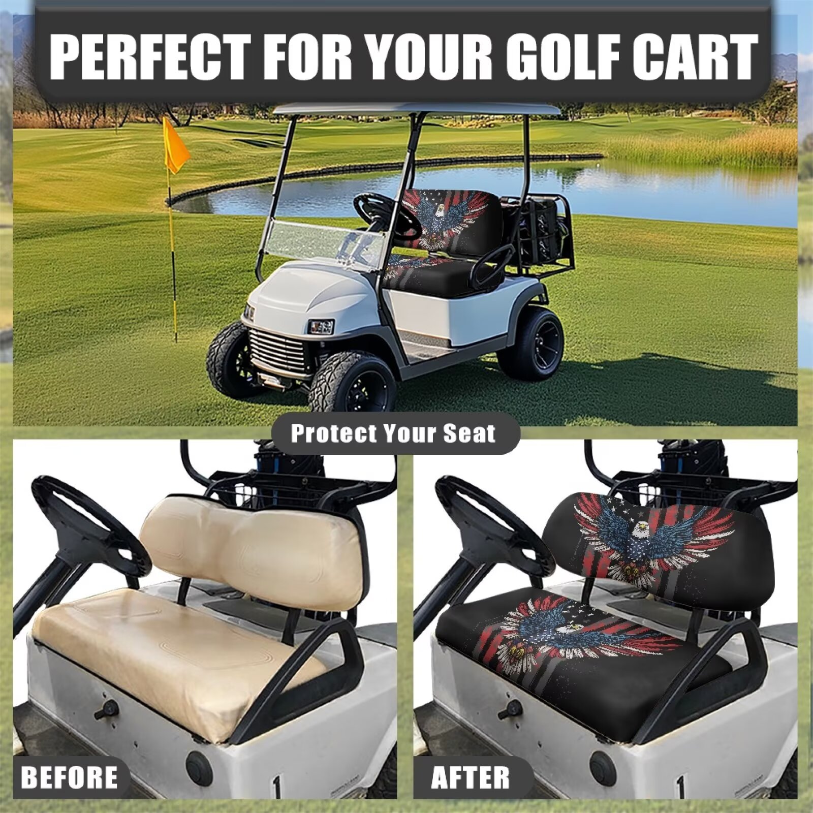 Pzuqiu Eagle Print Golf Cart Seat Covers 2 Passenger Breathable Universal American Flag Golf Cart Seat Blanket Portable Easy Install and Clean Suitable for All Seasons