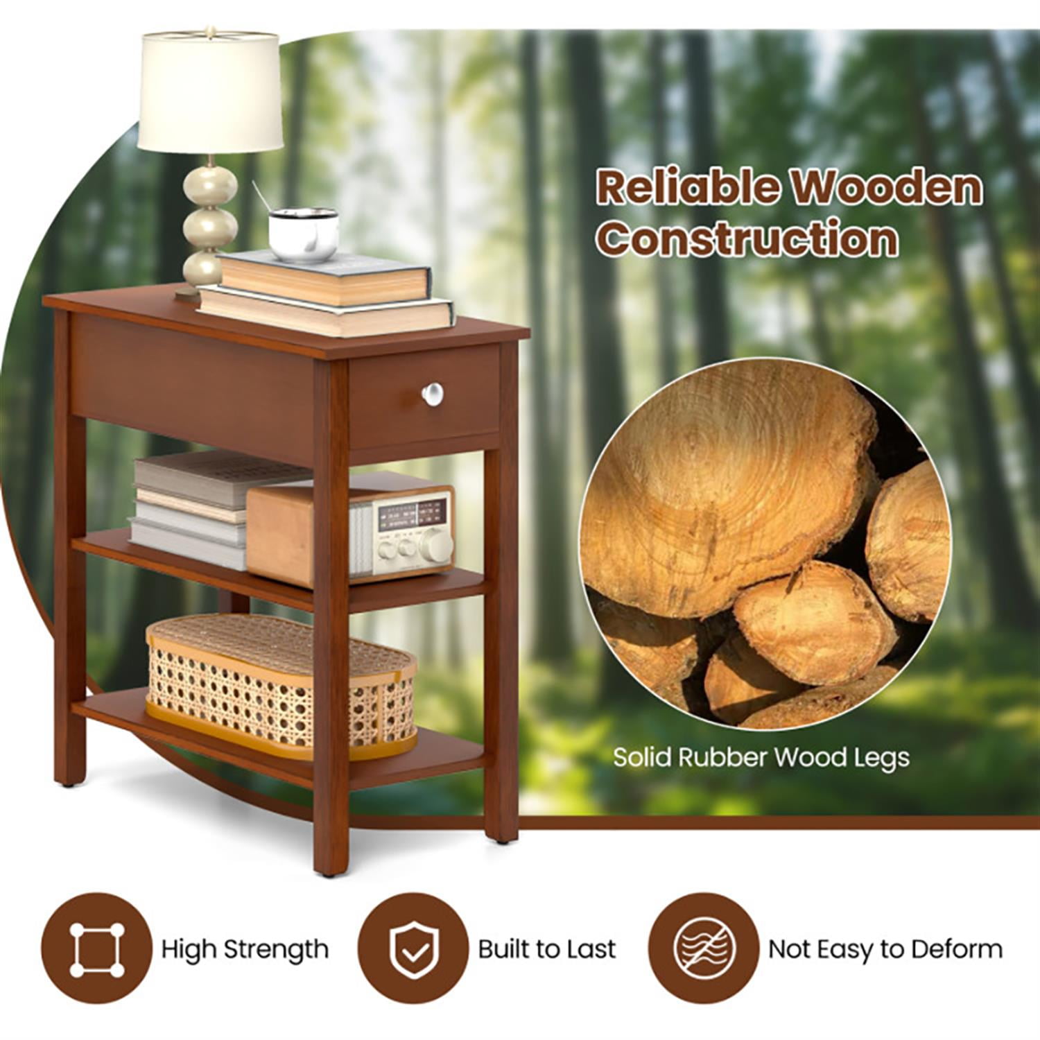 Demi Bonn Sofa Side Table Set of 2, 3-Tier Narrow End Table with Drawer and Storage Shelves, Nightstand for Small Spaces, Living Room, Bedroom, Brown