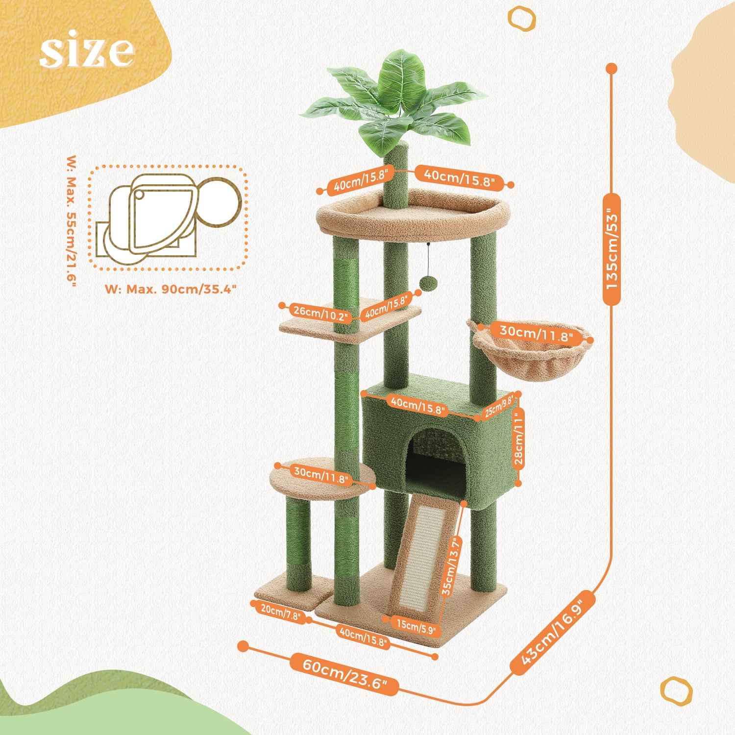 PEQULTI 53" Cactus Cat Tree for Indoor Pet Large Cat Tower with Hammock & Scratching Ladder Green