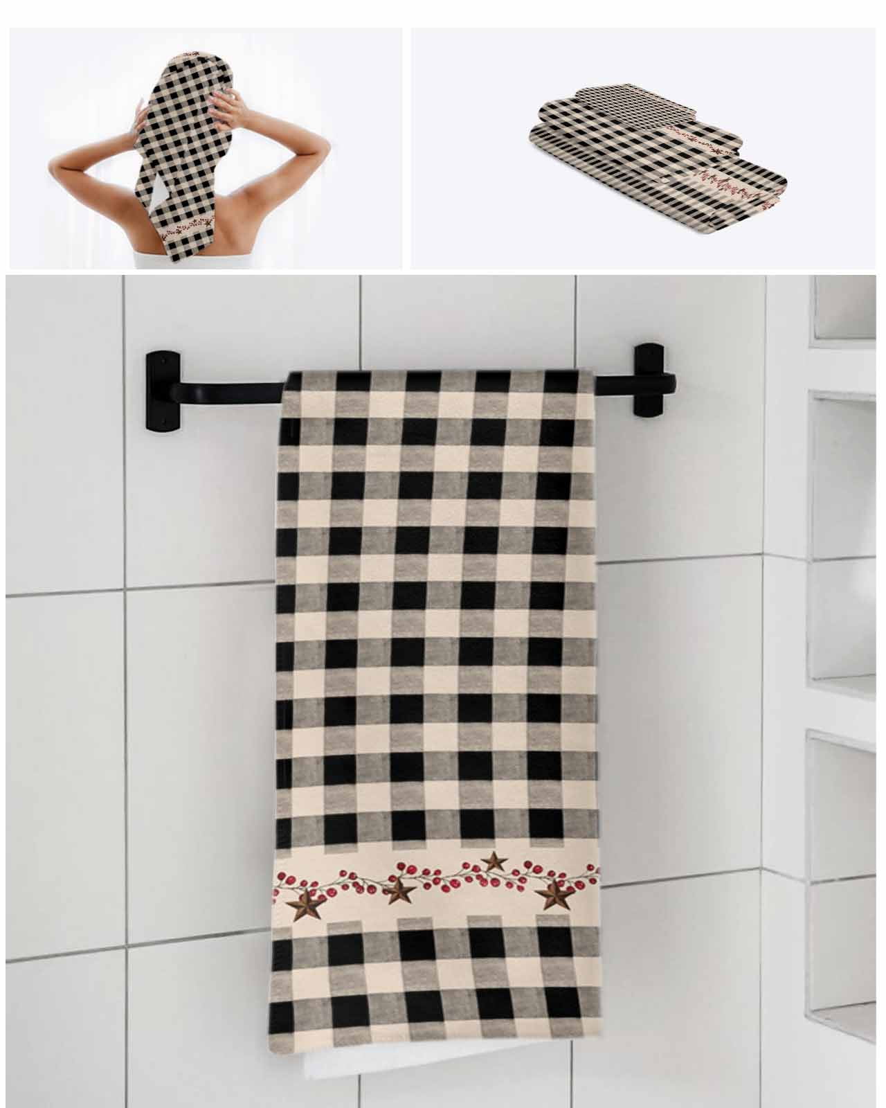 Country Star Plaid Bath Towels for Bathroom Set,Luxury Microfiber Towels Gifts for Women,Beach Kitchen Hand Hair Face Towel and Dish Washcloth,Black Retro American Farm Barn Berry Towels+Set