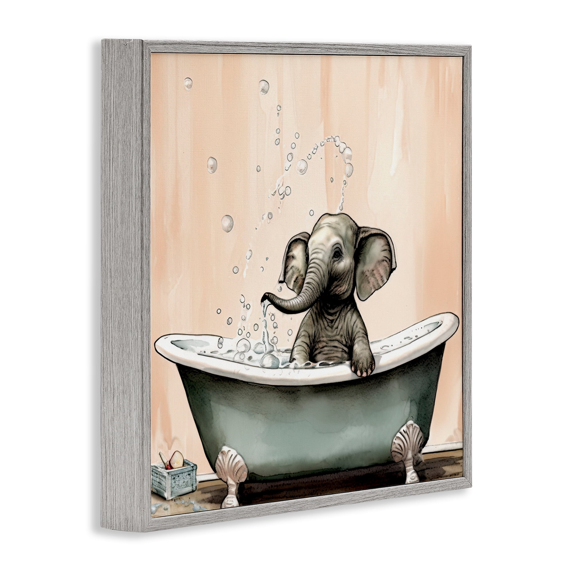 Baby Elephant Bubble Bath Gray Framed Giclee Art, design by Sasha