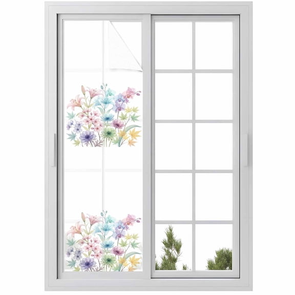 Window Privacy Film Colorful Spring Floral Stained Glass Window Film Decorative Sun Block Window Cover Farmhouse Flowers Modern Art Window Clings Static Adhesive Sticker for Bathroom 23.6"x78.7"