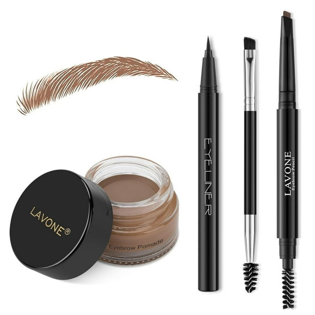 Lavone Kit de lápiz de sello de cejas para maquillaje de cejas Kit de trío de sello de cejas con lápiz de cejas impermeable Delineador de ojos Pomada de cejas y cepillo de cejas de doble punta - Aubur