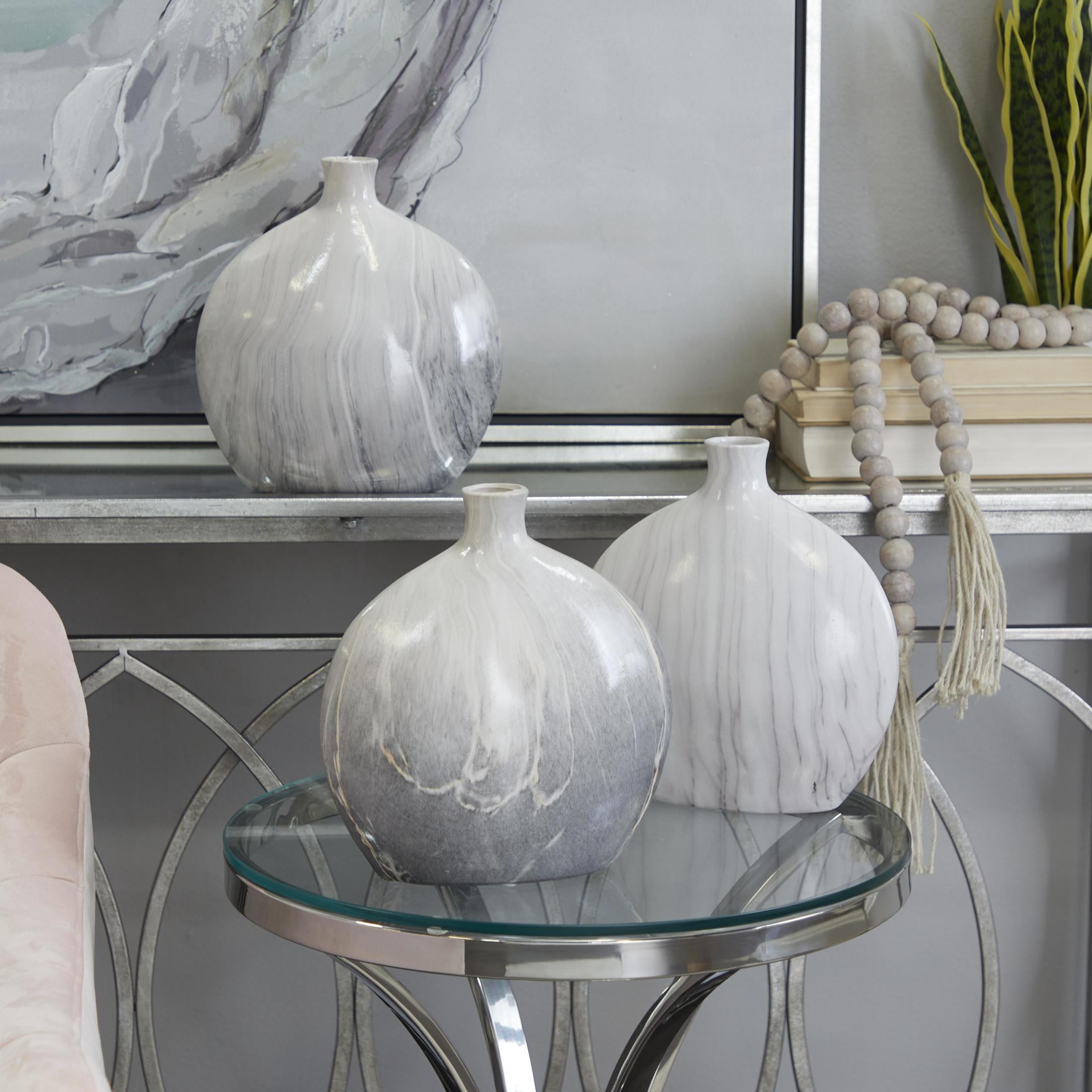 DecMode 9"W, 10"H Faux Marble Gray Ceramic Vase, Set of 3