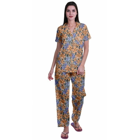 

Moomaya Notch Collar Button Down Printed Cotton Pajama Set For Women Nightwear