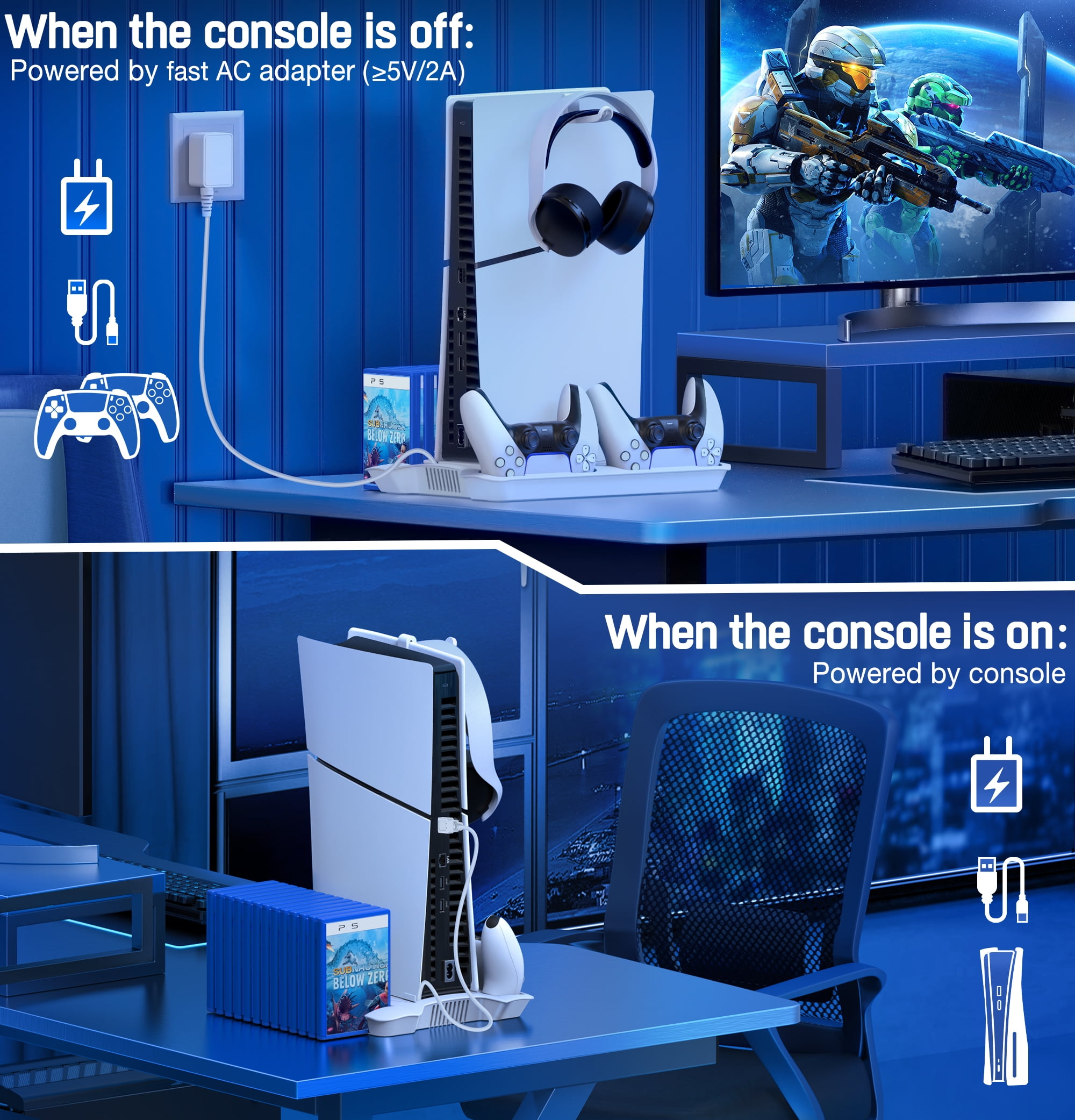 Beboncool PS5 Cooling Fan Stand with Charger Station - All-in-One PS5 Accessory for Playstation 5/PS5 Pro/PS5 Slim