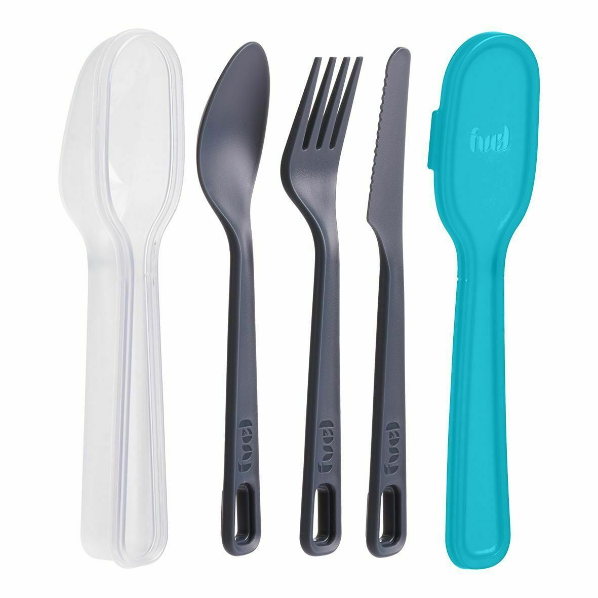 03019018 and Spoon;Blueberry Knife Trudeau Fuel Reusable 3-Piece Travel Snap Cutlery Utensil Set; Portable Fork