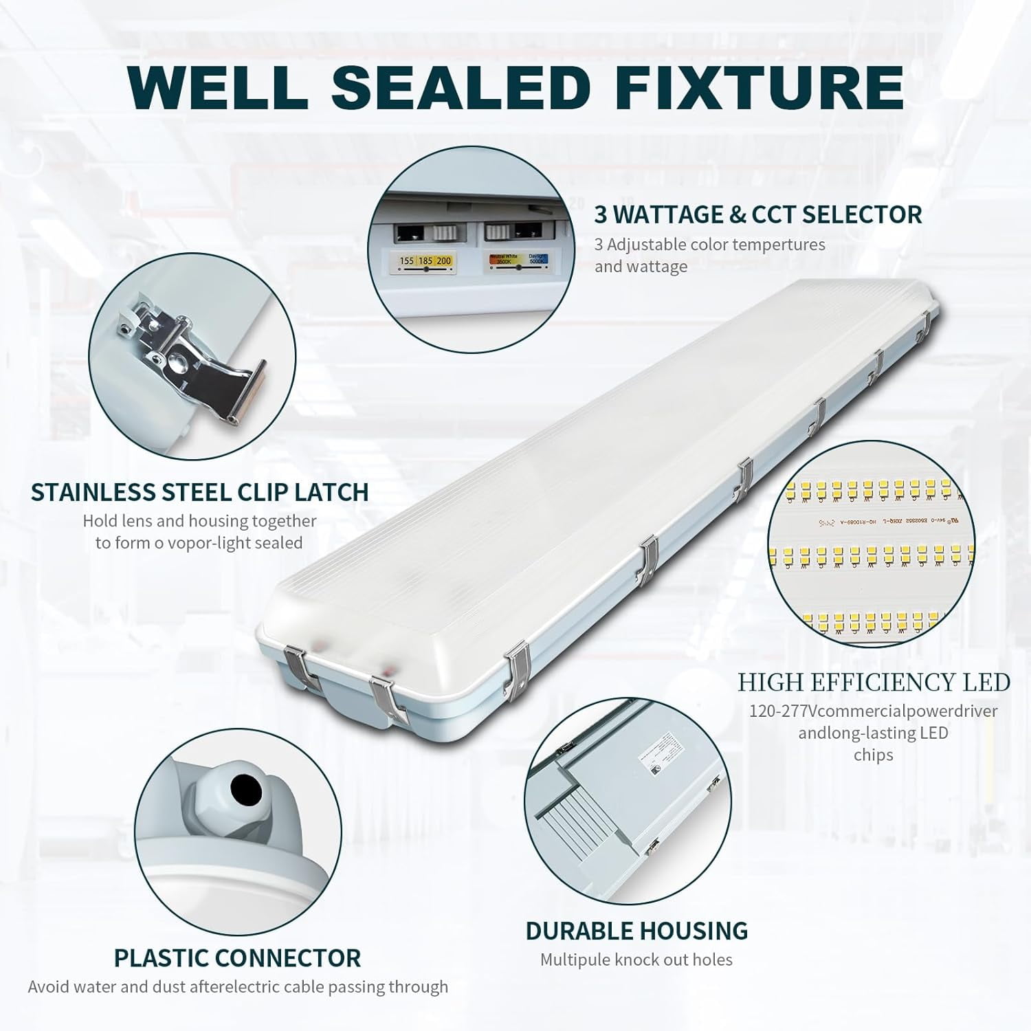 1 Pack 8FT LED Vapor Tight Light, 90W,11700lm,IP65 Waterproof Led Outdoor Shop Light for Parking Garage,Carport,Warehouse,3500K/4000K/5000K CCT Selectable,UL Listed