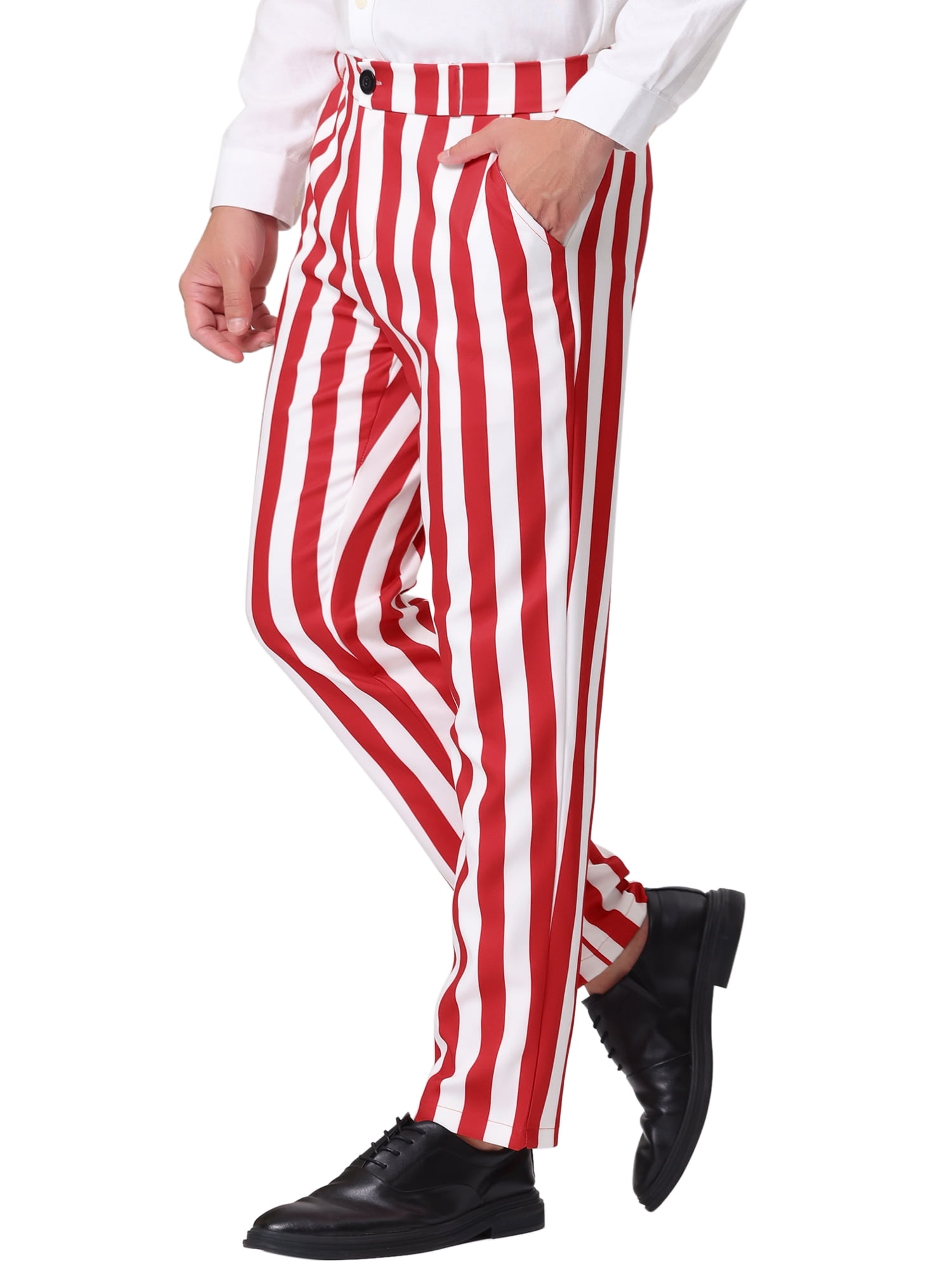 Unique Bargains Men's Striped Pant Classic Fit Flat Front Business Trousers 32 Red White