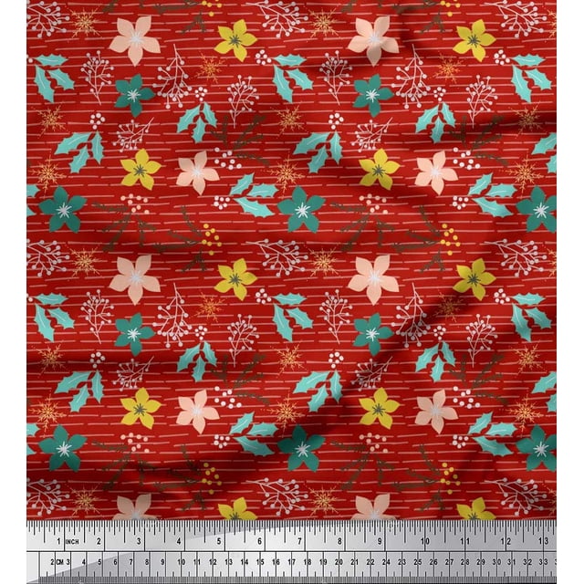 Soimoi Green Poly Georgette Fabric Asterisk & Berries Fruits Print Sewing Fabric Yard 52 Inch Wide