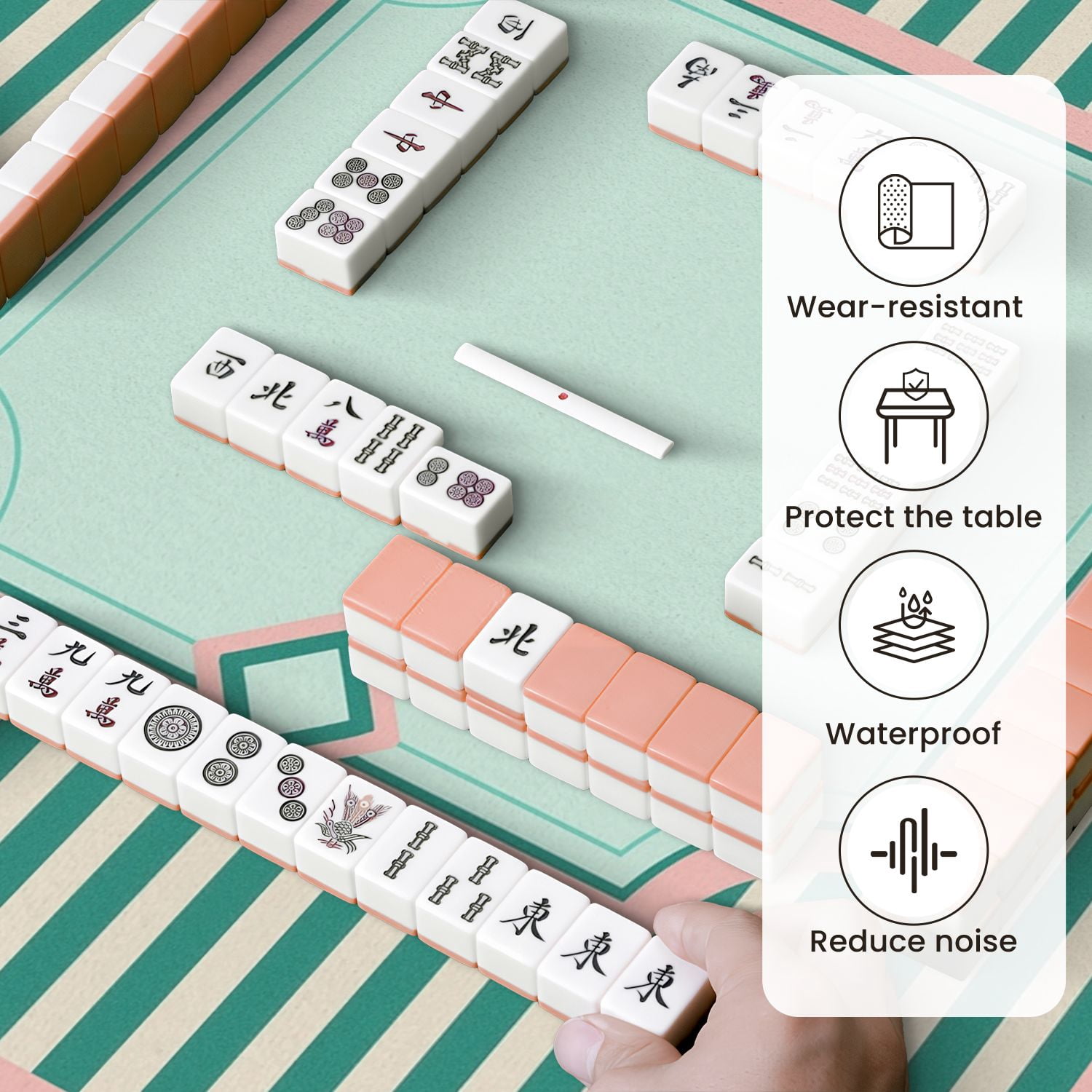 Mahjong Mat 31.5" x 31.5" Soft Pink Green Stripes Geometric Border Anti-Slip and Noise Reduction Symmetry Design Mahjong Tiles Table Cover for Dominoes Poker Card Board and Tile Games