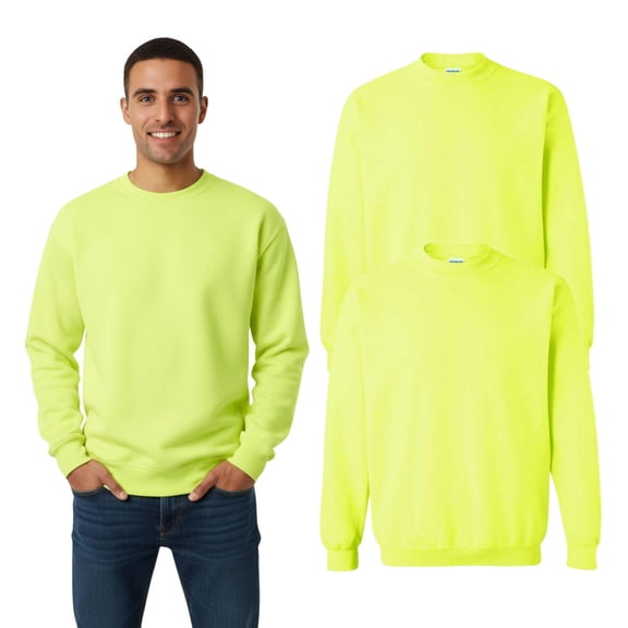 Hanes High Visibility Crewneck Sweatshirt 50/50 Cotton/Polyester Hi-Vis Safety Work Fleece Sweater Mens (Safety Green Pack 2, M)