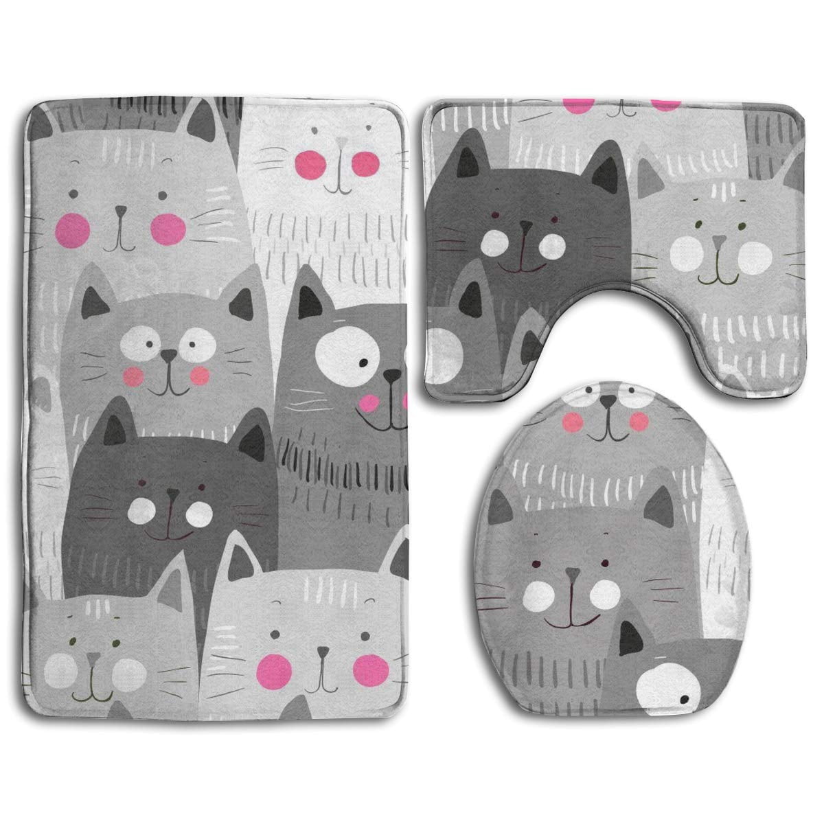GOHAO Grey Cat 3 Piece Bathroom Rugs Set Bath Rug Contour Mat and