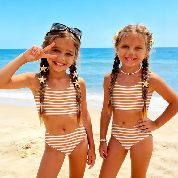 CCRFTGI Girls Swimsuits Size 7-8 2 Piece Set Swimming Girls Bathing Suit Beach Vacation Striped Bikinis Summer Cute Girls Clothes Swim Suit Kids Bikini Saffron 2-3 Years