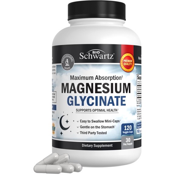 BioSchwartz 500mg Pure Magnesium Glycinate for Nerves, Muscles, Heart, Mood, and Sleep, 120 Capsules