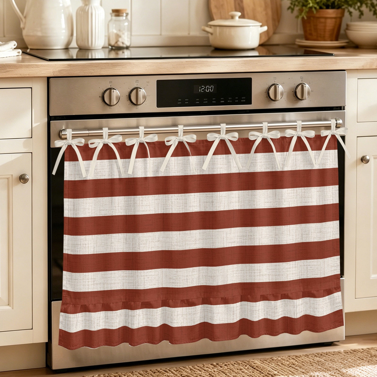 Oven Curtain for Kitchen Minimalist Rust Red Stripes Stove Curtain With Ruffled Trim Dishwasher Curtains Rustic Burlap Linen Texture Oven Skirt 27 x20