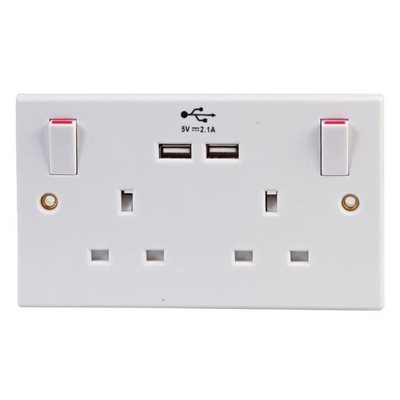 PRO ELEC - 2-Gang Power & USB Charging Wall Plate 13A 250V White
