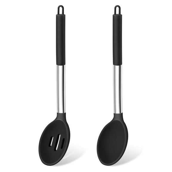 Silicone Cooking Spoon,2 PCS Large Nonstick Kitchen Spoons,Heat-Resistant Solid and Slotted Spoons for Cooking Mixing Serving Stirring,Healthy & Dishwasher Safe,Black