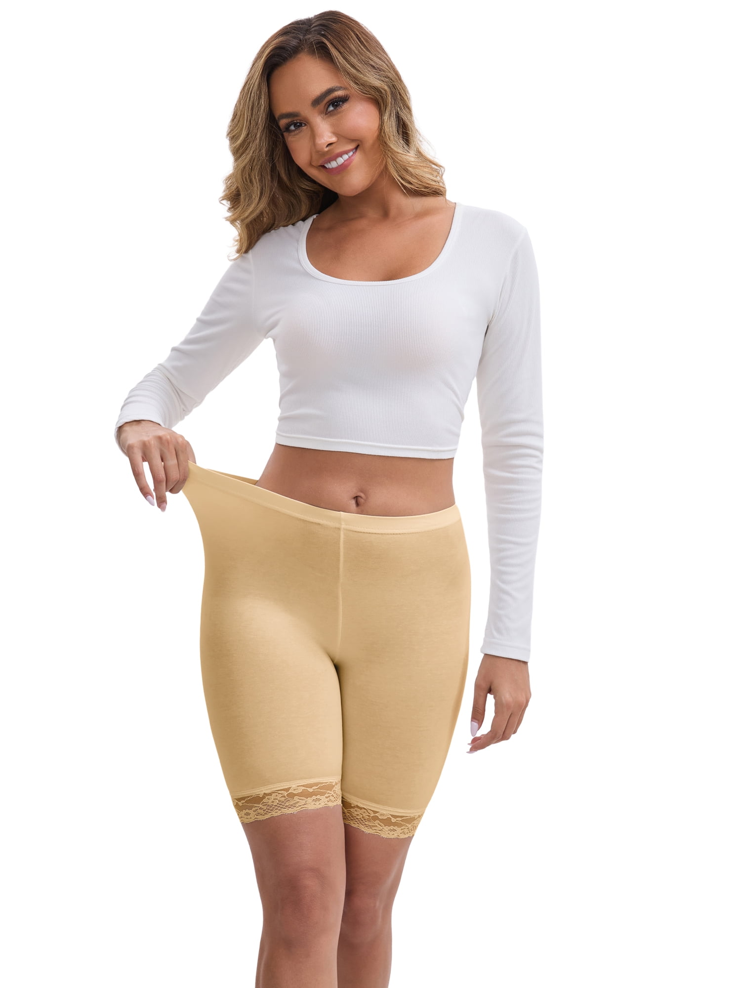 DARING DIVA Women's Lace Trim Soft Control Panties Mid Thigh Slimmer S Beige