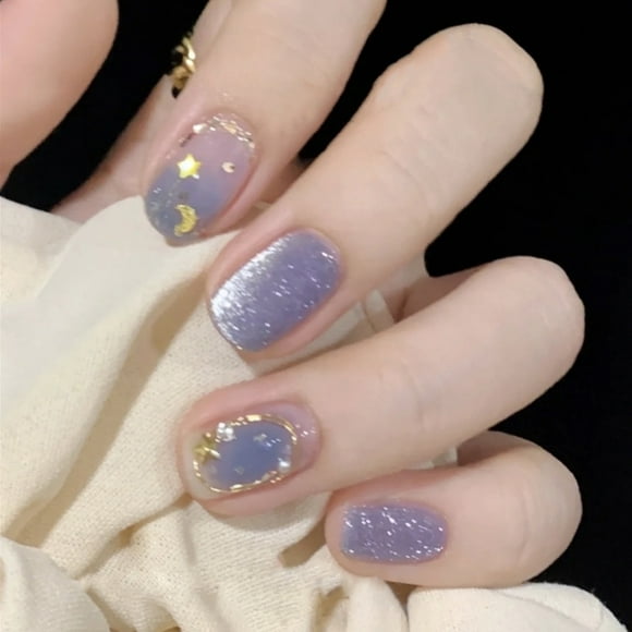 Purple Press On Nails Short Square Glossy Fake Nails Start Moon Design Stick On Nails Gradient Glitter Glue On Nails Cute Acrylic Nails 24Pcs