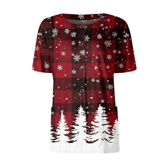 Homozy Christmas Crewneck Scrub Tops for Women Christmas Tree Xmas Elk Printed Snap Front Short Sleeve Nurse Tops with Pockets Cardigan Loose Fit Nurse Graphic Scrub Shirts Wine XL