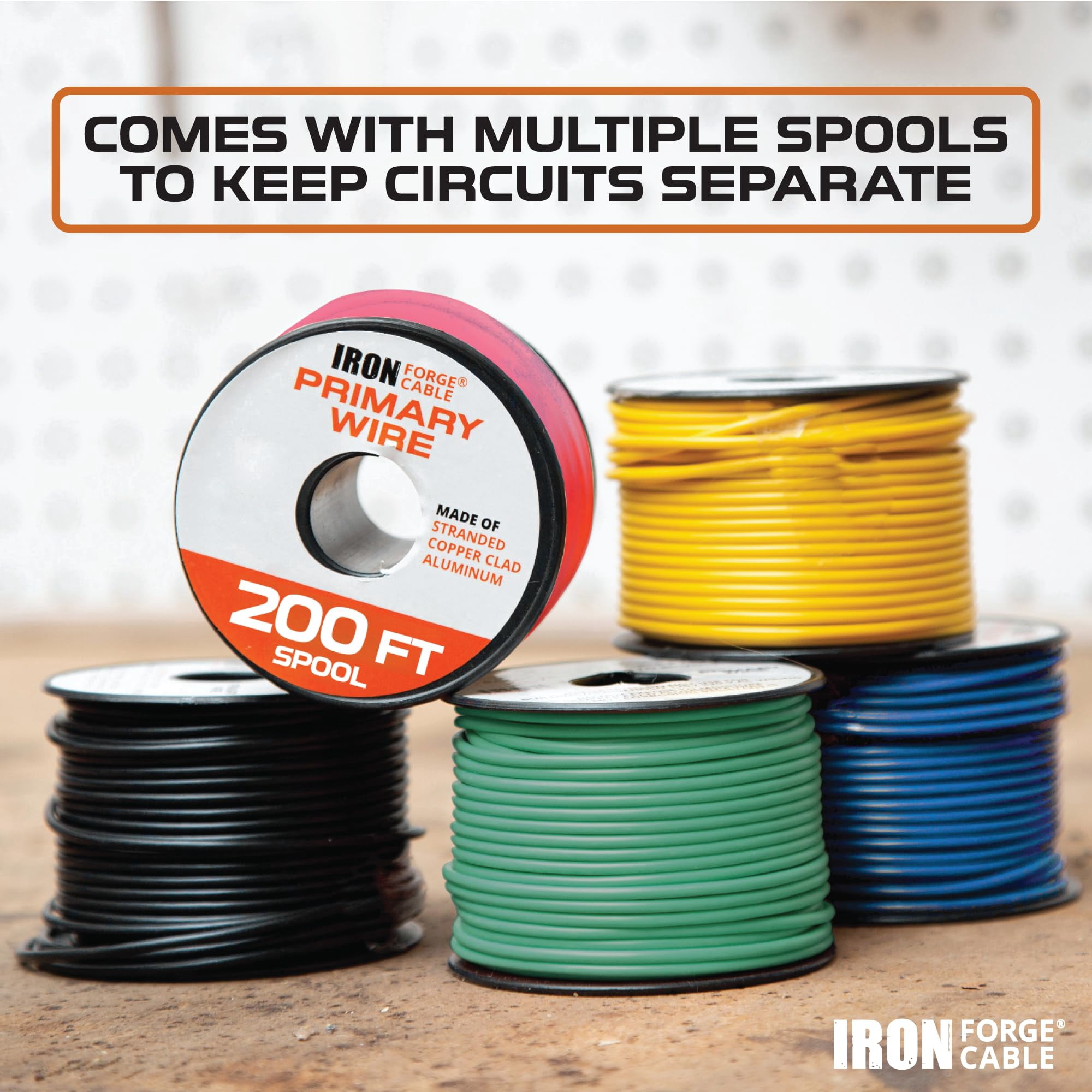 Iron Forge Cable 14 Gauge Primary Automotive Wire - 5 Roll Assortment Pack - 200 Ft of Copper Clad Aluminum Wire per Roll - for Home or Automotive