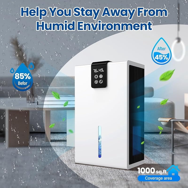Dehumidifier, Dehumidifiers for Home, 98 OZ Water Tank (1000 sq.ft) Quiet dehumidifiers for Basement Bedroom Bathroom with Auto Shut Off, Humidity monitoring, 7 Colors LED Light(White)