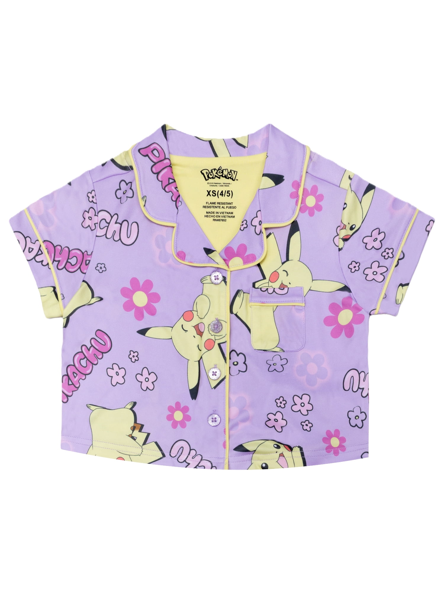Pokemon Girls Button Front Top and Shorts Pajama Set, 2-Piece, Sizes 4-12