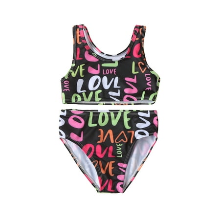 

1-5T Kid Girls 2PCS Swimsuit Sleeveless Off Shoulder Letters Print Crop Vest Tops Summer Beach Swimwear