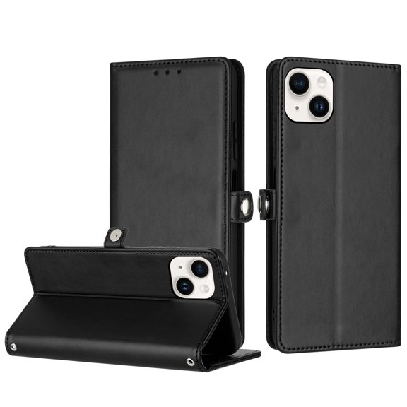 For Apple iPhone 16E / iPhone 15 / iPhone 14 / iPhone 13 Pro / iPhone 13 Full Body Cover Protective Shockproof Card Slot Flap Folio Stand Leather Wallet Pouch Case Cover Black