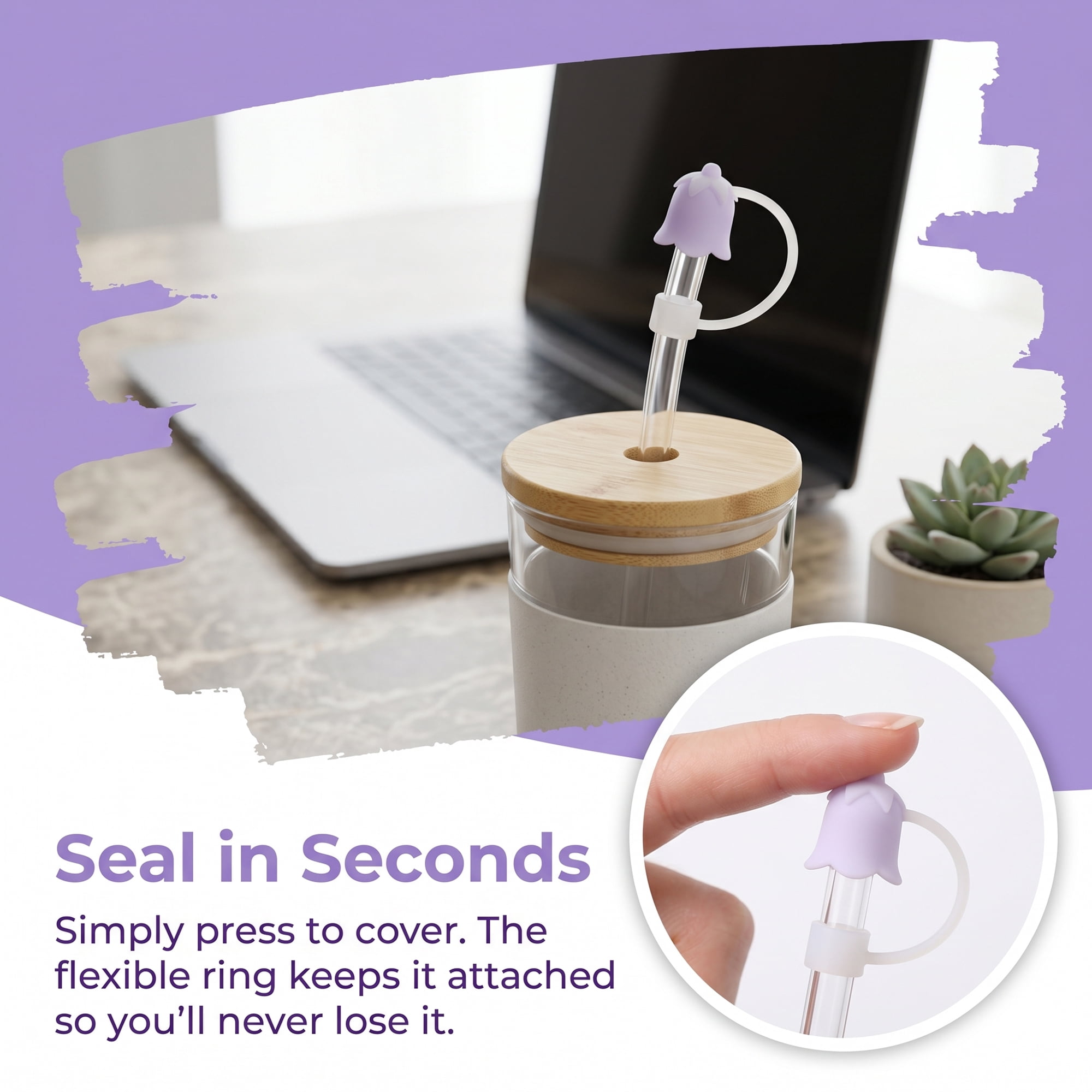 Unique Bargains Silicone Straw Caps Reusable Dust-Proof Toppers Light Purple