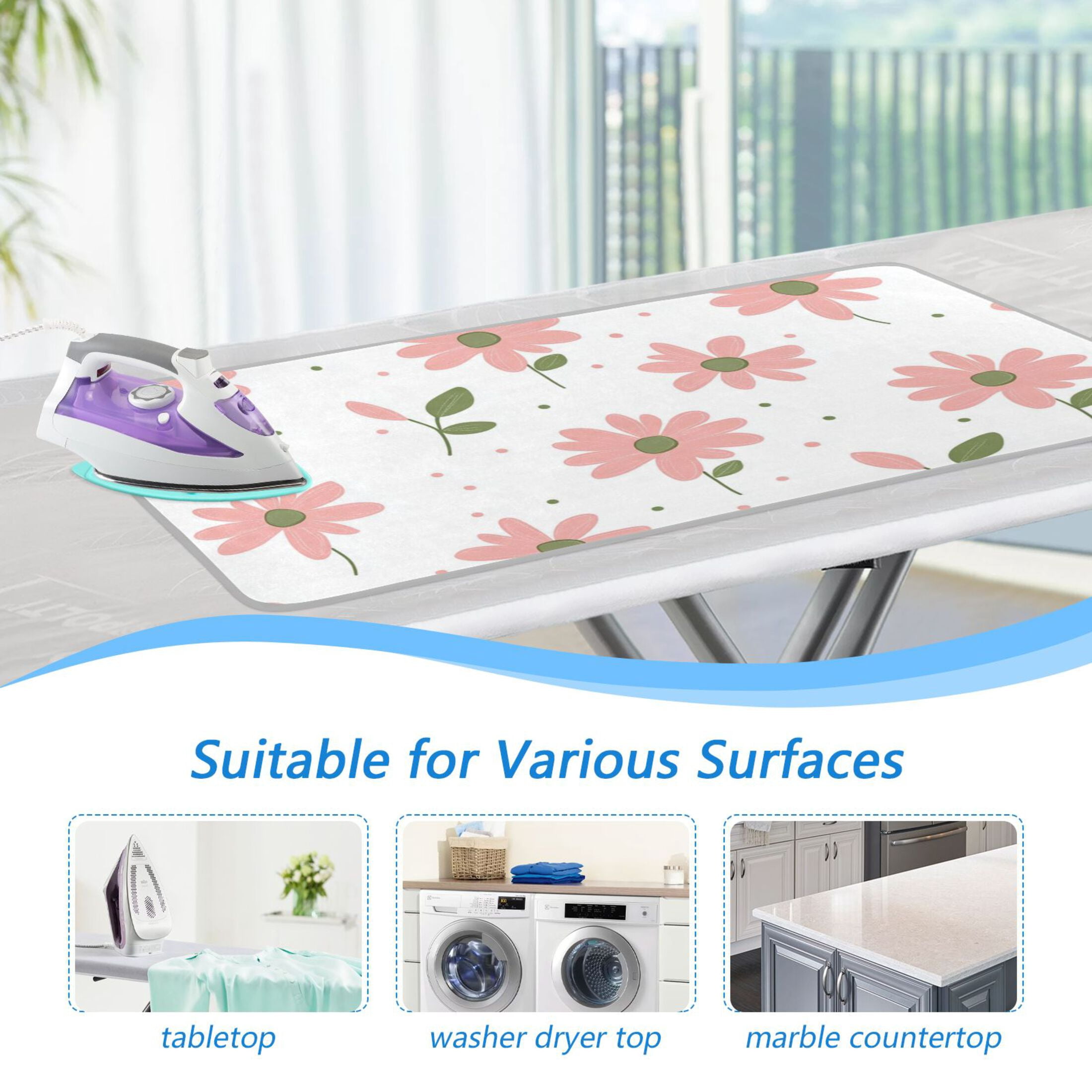 Pinkish Flowers Dots Leaves Ironing Mat Blanket Portable Travel Ironing Pad Heat Resistant Pad 47.2" x 27.6”