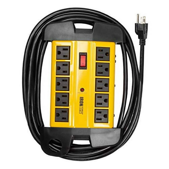 Iron Forge Cable 10 Outlet Heavy Duty Surge Protector Power Strip with Built-in Circuit Breaker, 14/3 SJT Black & Yellow with 15 ft Extension Cord
