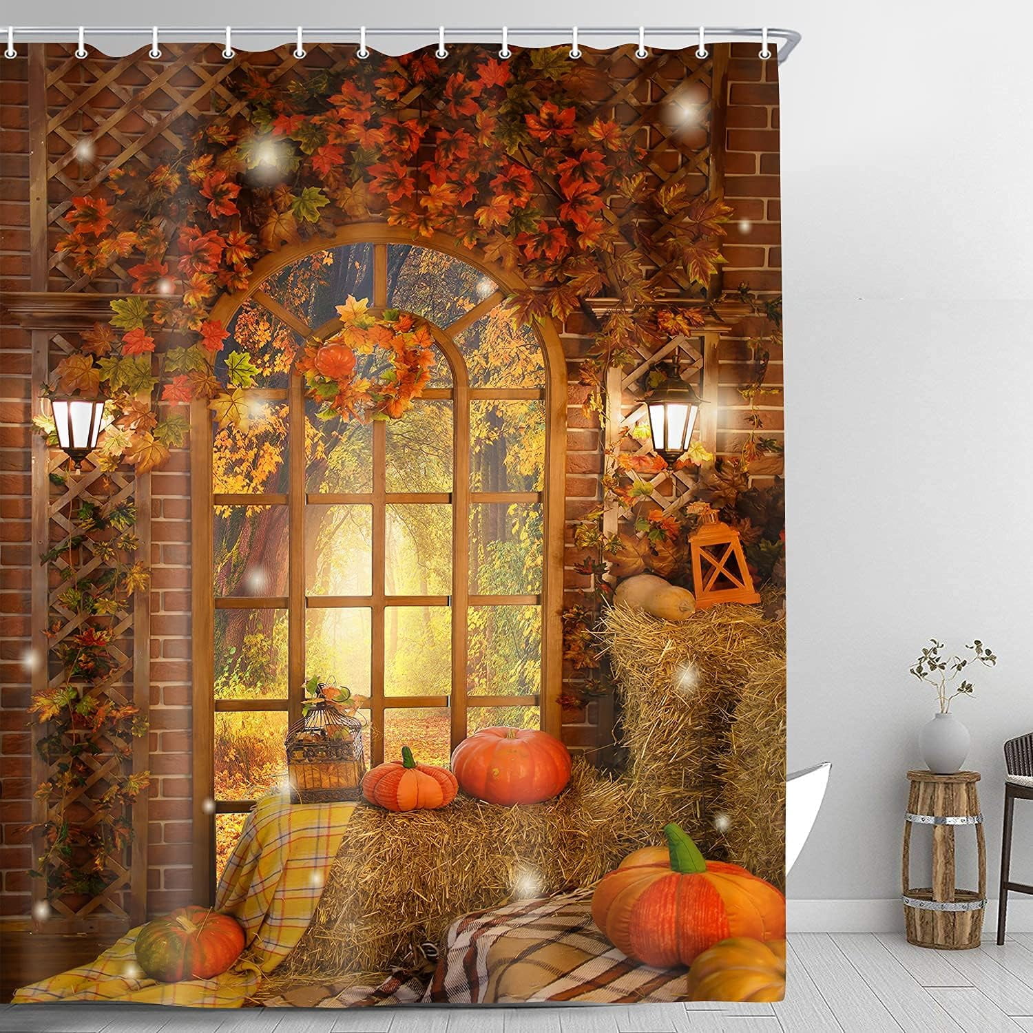 Harvest Pumkin Fall Shower Curtain Bathroom Sets, Thanksgiving Harvest Autumn Maple Leaf Fabric Bath Curtian, Fall Forest View Waterproof Shower Curtain Sets with Hooks 60 x 70 inch