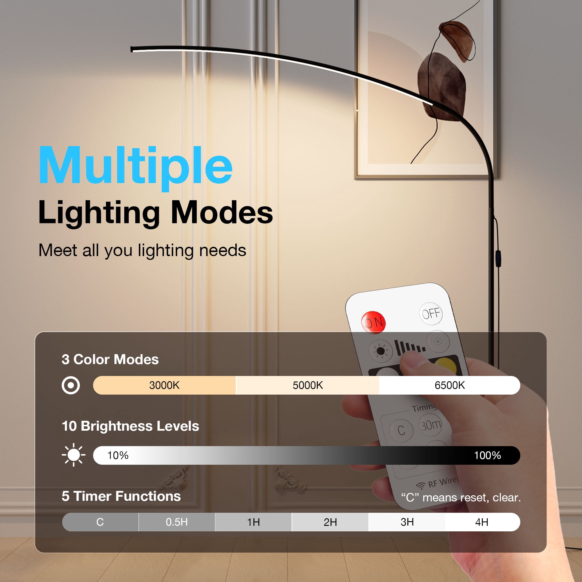 LED Reading Floor Lamp, 3 Color Temperatures with Remote & Touch Control, 5 Timer Functions for Living Room & Bedroom