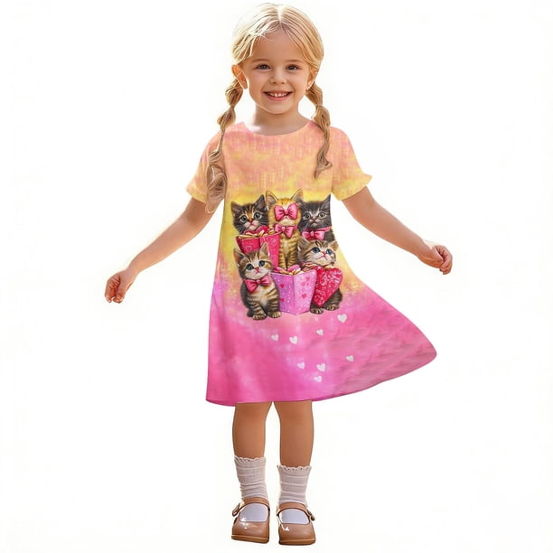Vestido de Verano de Manga Corta para Niñas 3-12 Años, Cuello Redondo Vestido de Niños Impreso Casual para la Fiesta Diaria