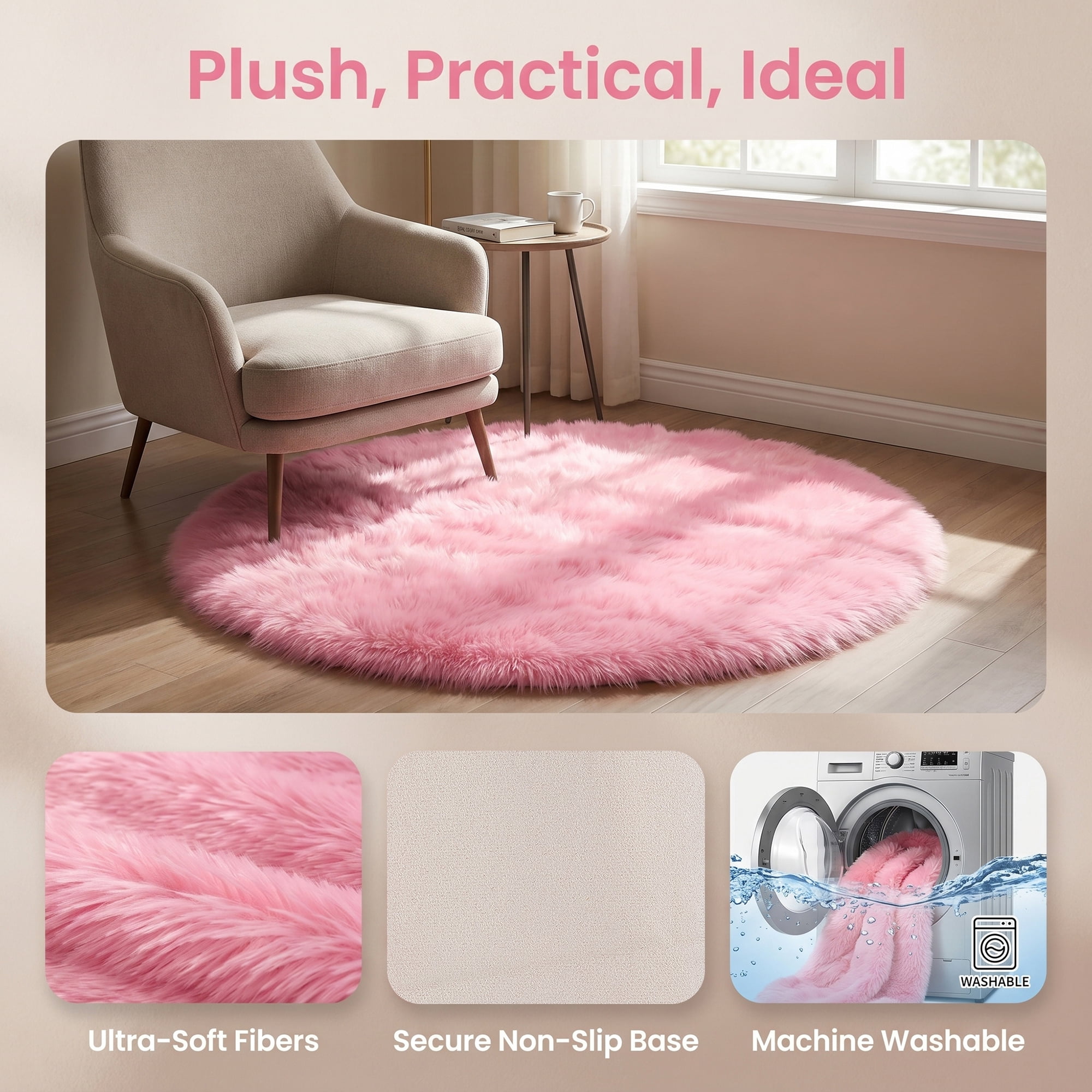 Unique Bargains Shaggy Round Area Rug Fluffy Non-Slip Fuzzy Carpet 24" x 24" Rose Red