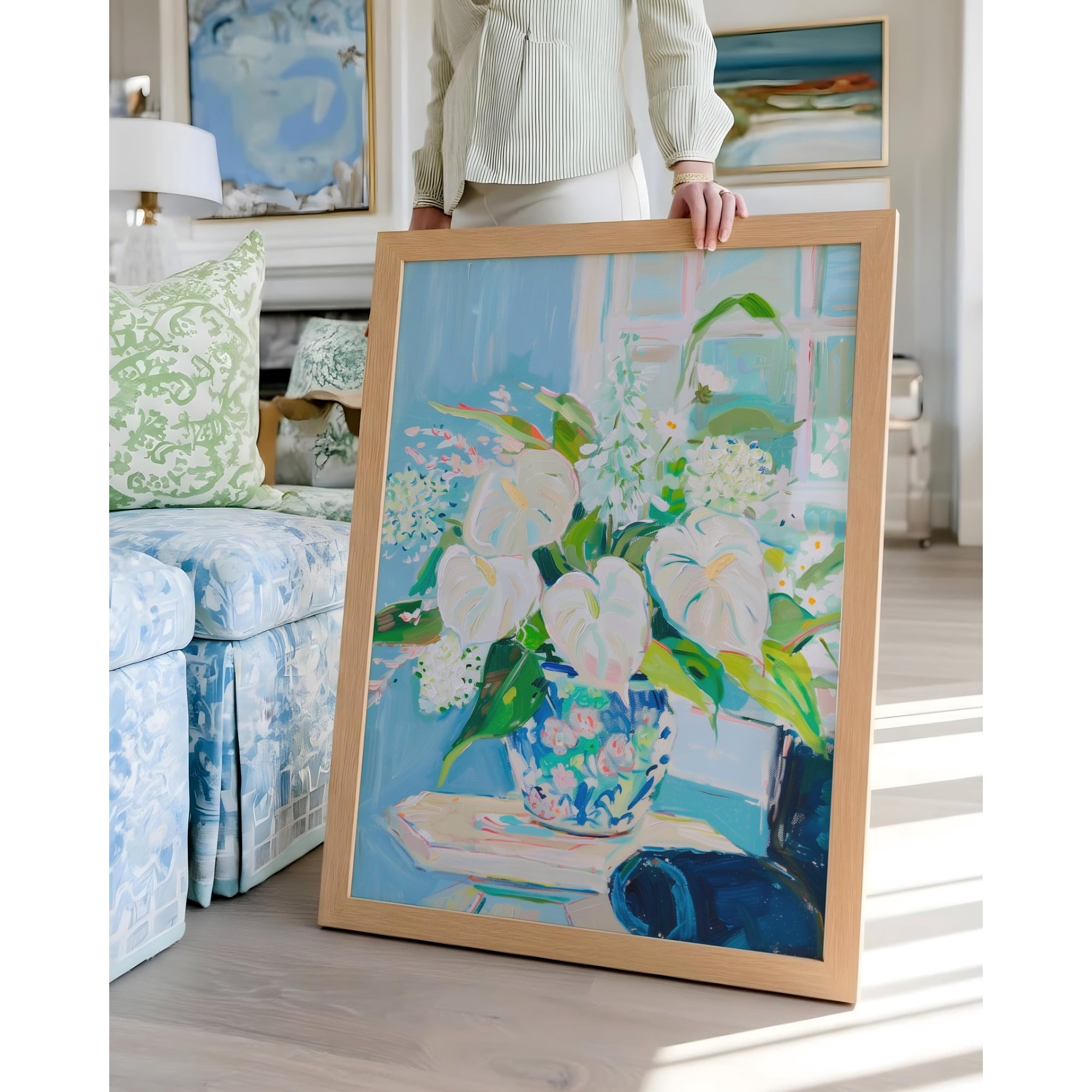 Chinoiserie Floral White Anthurium Rose Painting Grandmillennial Romantic Moody Luxury Home Poster , Poster Print Only