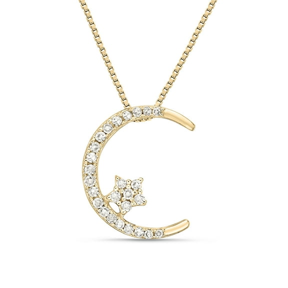 10K Yellow Gold Moon and Star Pendant in 18" Box Chain With Round Diamonds