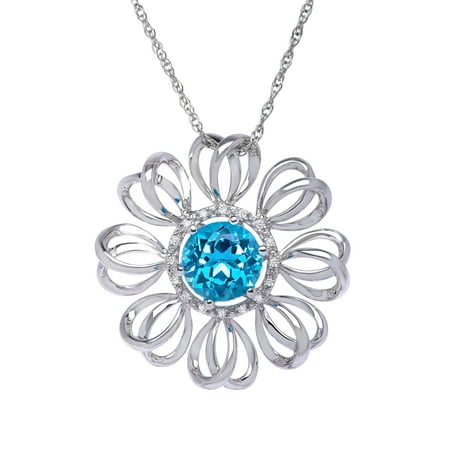 2 1/3 ct Natural Swiss Blue Topaz Flower Pendant Necklace with Diamonds in Sterling Silver