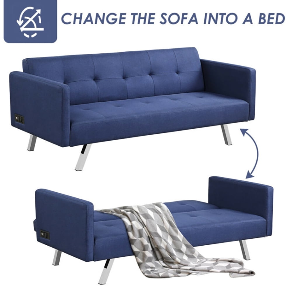 Finihen Convertible Futon Sofa Bed, Modern Convertible Sleeper Couch, 3 Seat Convertible Linen Fabric Futon Sofa with USB and Power Strip, for Living Room, Blue Finihen Convertible Futon Sofa Bed, Modern Convertible Sleeper Couch, 3 Seat Convertible Linen Fabric Futon Sofa with USB and Power Strip, for Living Room, Blue