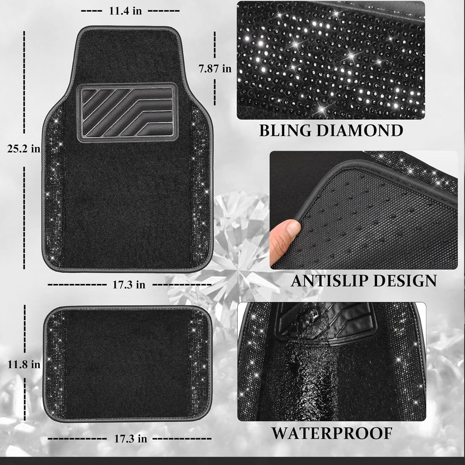 Car-Grand Bling Rhinestone Diamond car floor mats shining carpet sparkly glitter crytal with anti-slip heel waterproof universal fit cute girl women 4pcs Black