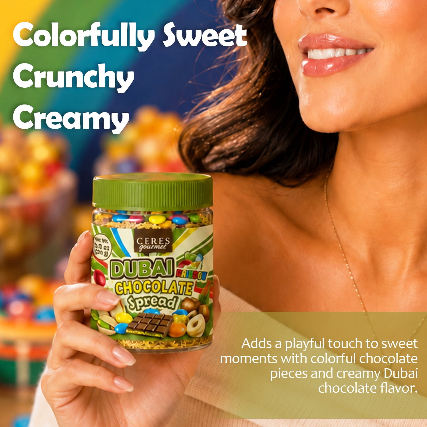 Ceres Gourmet Dubai Chocolate Spread with Candy-Coated Chocolate Pieces & Chocolate Pebbles | Pistachio Cream & Crispy Kataifi Phyllo | Belgian Chocolate | Gourmet Dessert & Breakfast Spread | 9.7 oz
