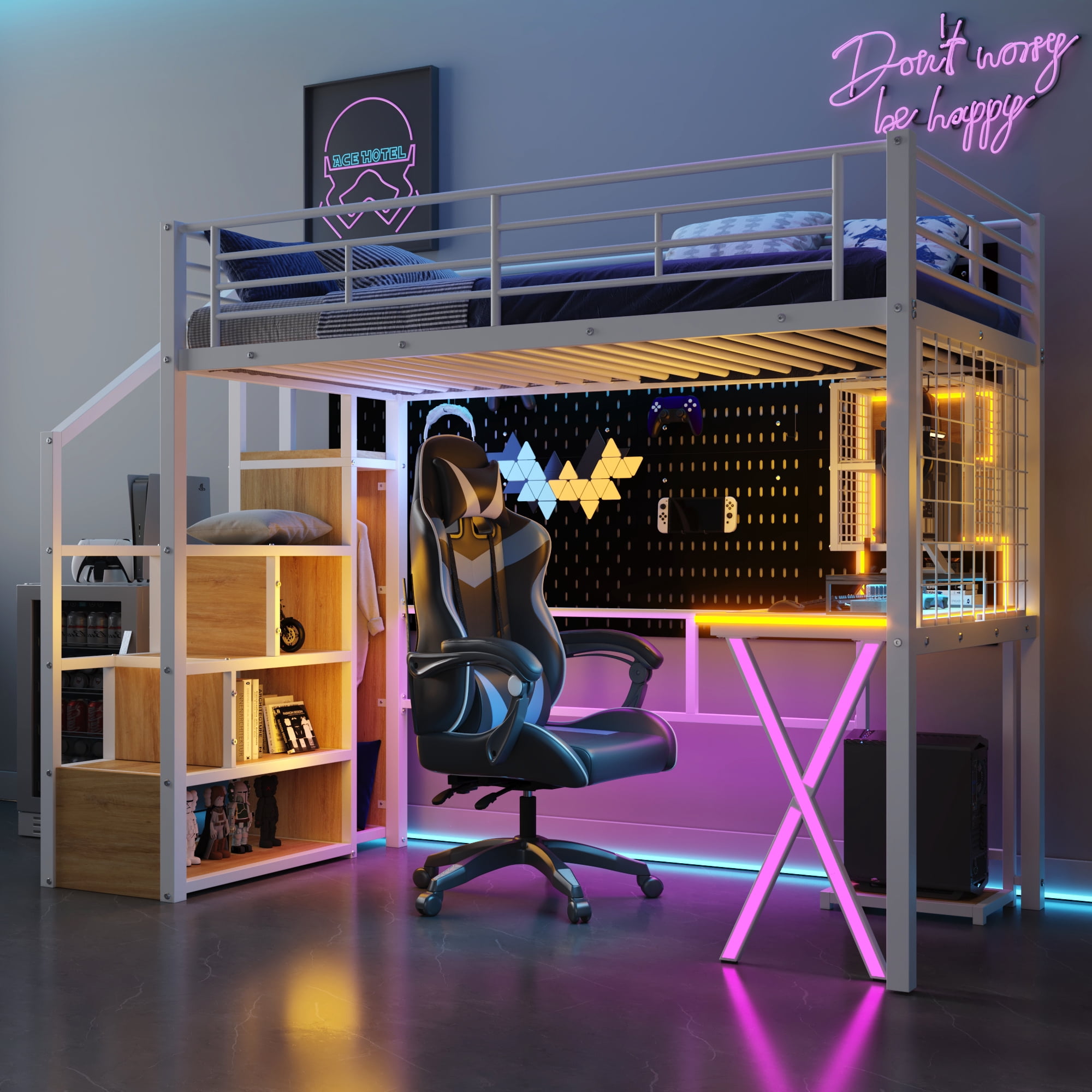 MAYEERTY Twin Size Metal Loft Bed - Built-in Work Station, Wardrobe, Storage Staircase & LED, White