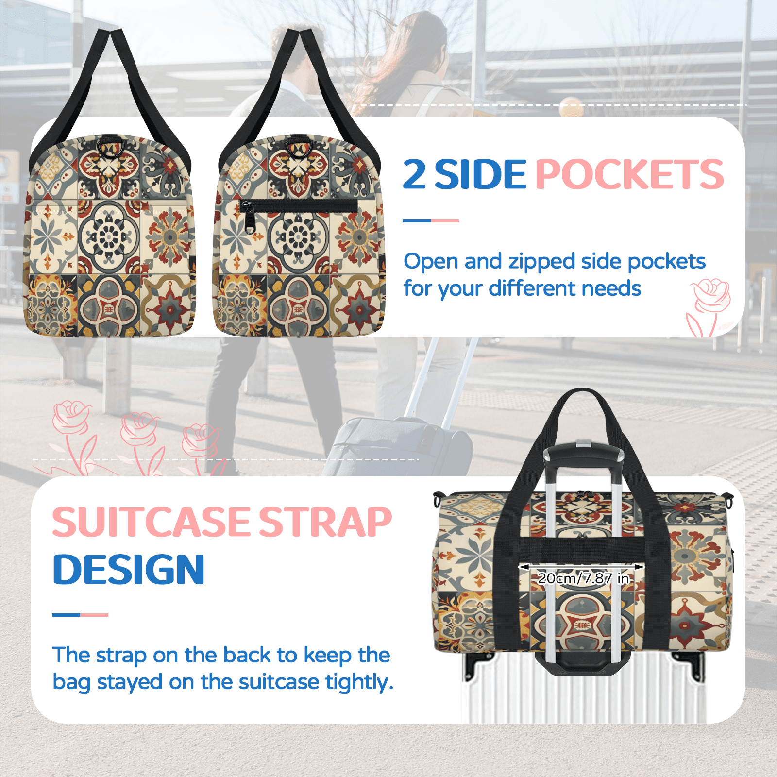 Herdesigns Mexican Tile Boho Mexico Gym Bag for Women, Duffle Bag for Travel Sport, Lightweight Waterproof Carry on Weekender Overnight Dance Yoga Workout Bags